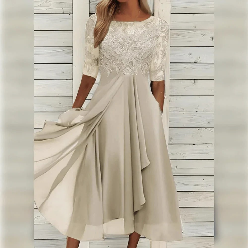 Women's Fall Wedding Guest Lace Midi Dress with Chiffon A-Line and Draped Sleeves - Image 8