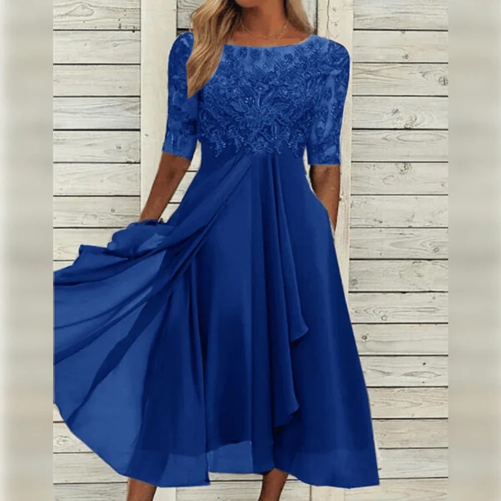 Women's Fall Wedding Guest Lace Midi Dress with Chiffon A-Line and Draped Sleeves - Image 9
