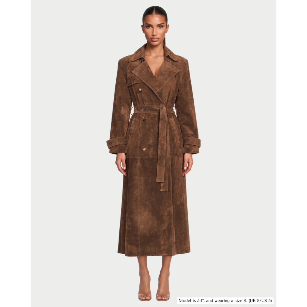 Women's Faux Suede Double-Breasted Trench Coat with Waist Belt - Image 1