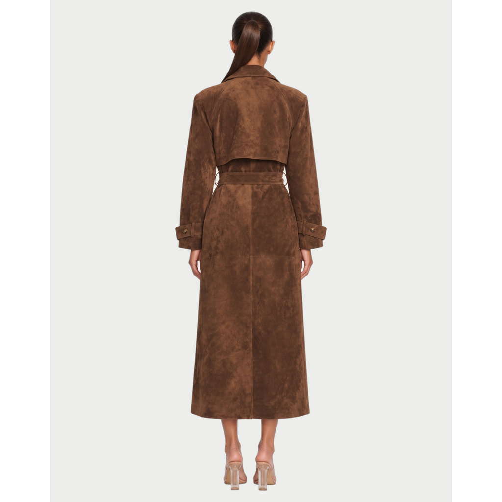 Women's Faux Suede Double-Breasted Trench Coat with Waist Belt - Image 2
