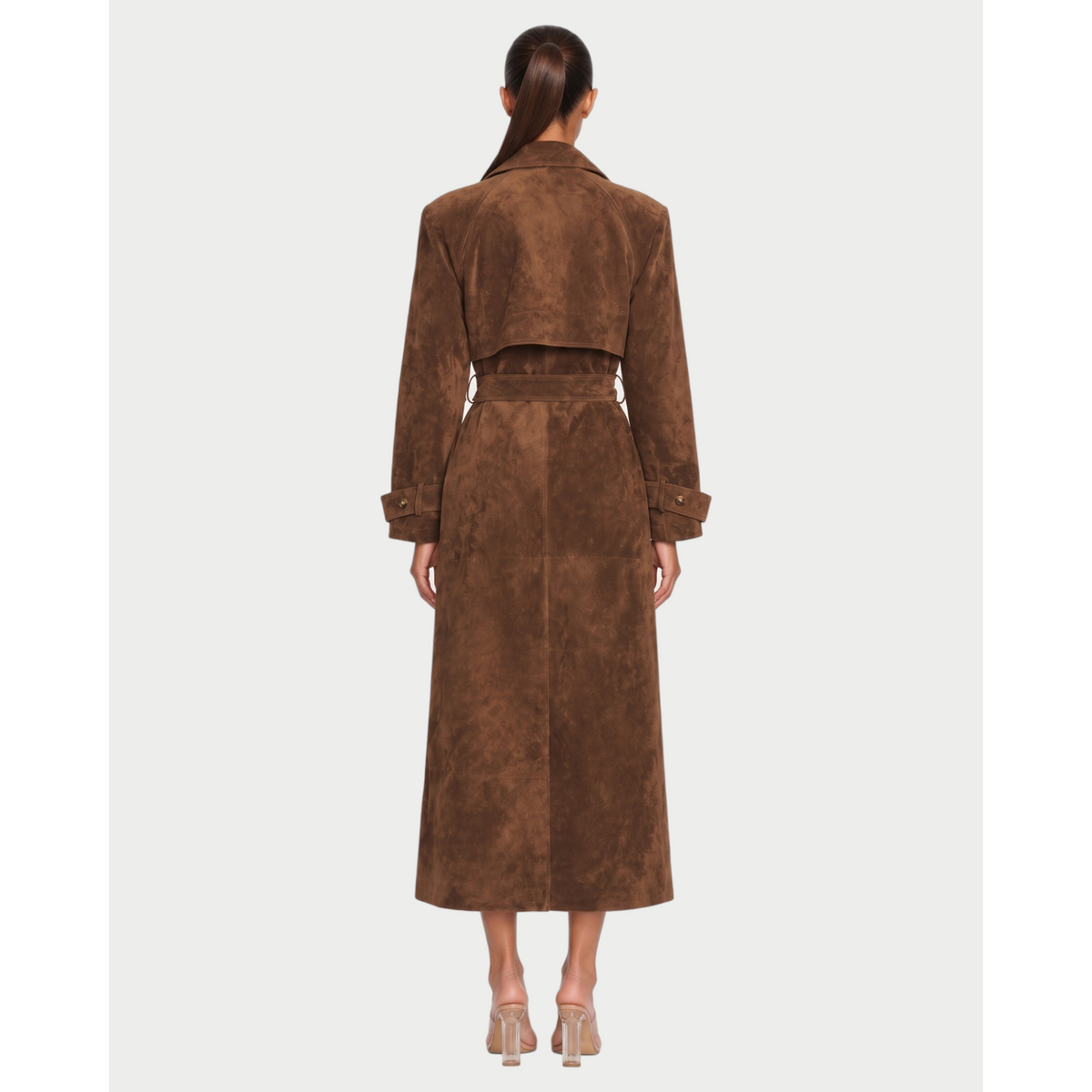 Women's Faux Suede Double-Breasted Trench Coat with Waist Belt - Image 2