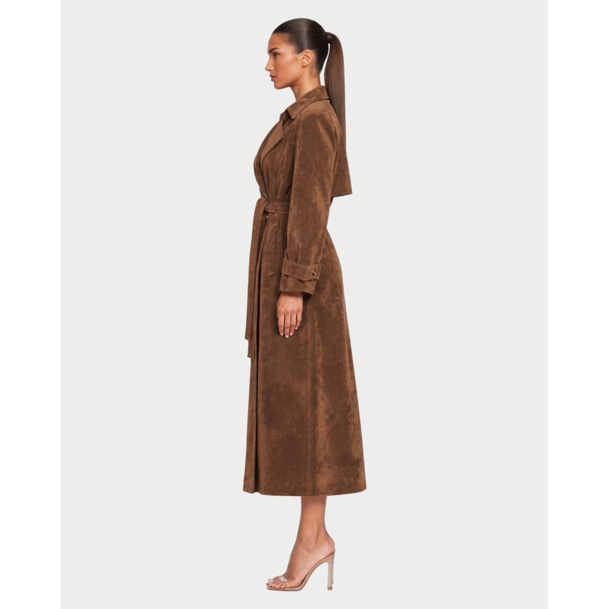 Women's Faux Suede Double-Breasted Trench Coat with Waist Belt - Image 3
