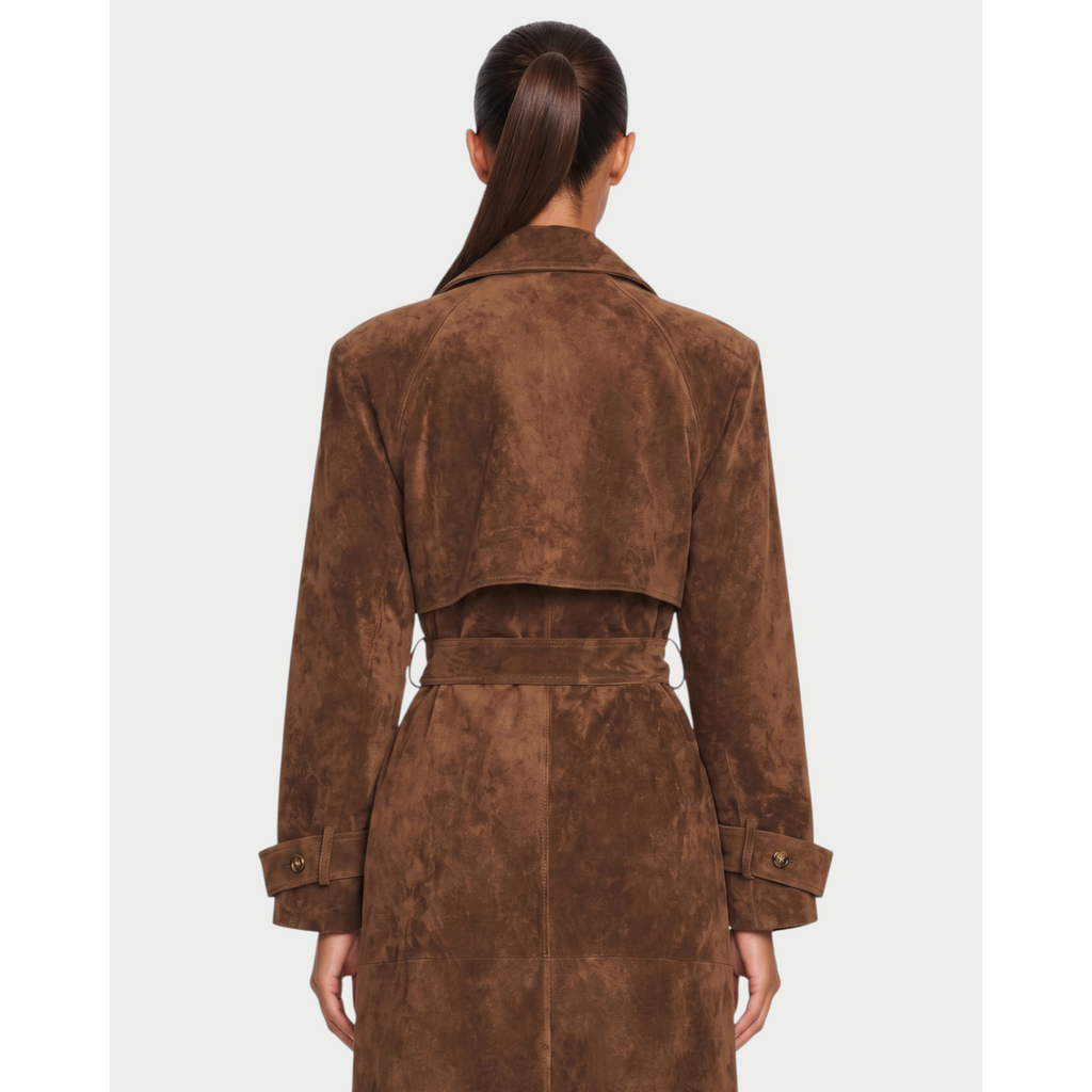 Women's Faux Suede Double-Breasted Trench Coat with Waist Belt - Image 5