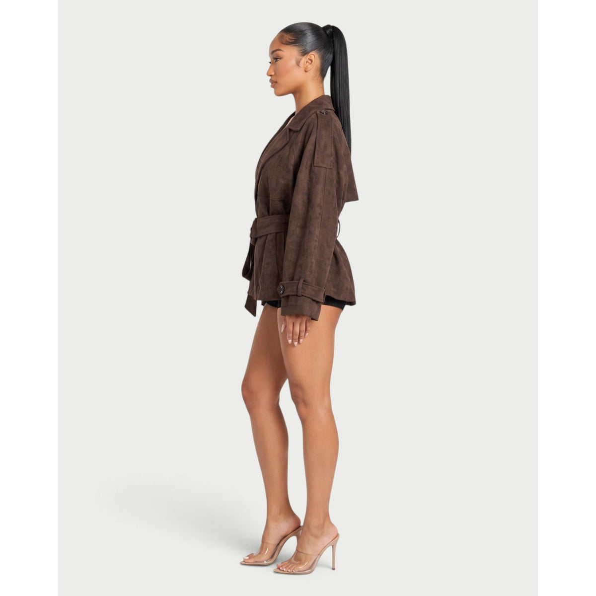 Women's Faux Suede Short Trench Coat with Belted Waist and Notched Lapels - Image 3