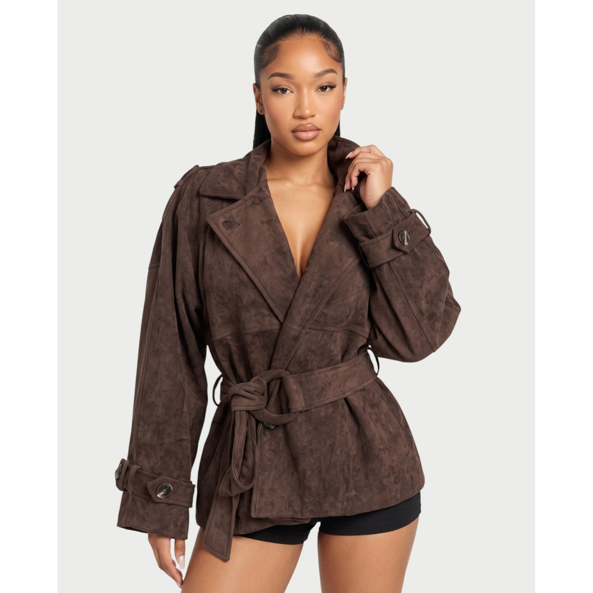 Women's Faux Suede Short Trench Coat with Belted Waist and Notched Lapels - Image 4