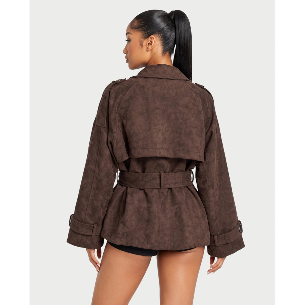 Women's Faux Suede Short Trench Coat with Belted Waist and Notched Lapels - Image 5
