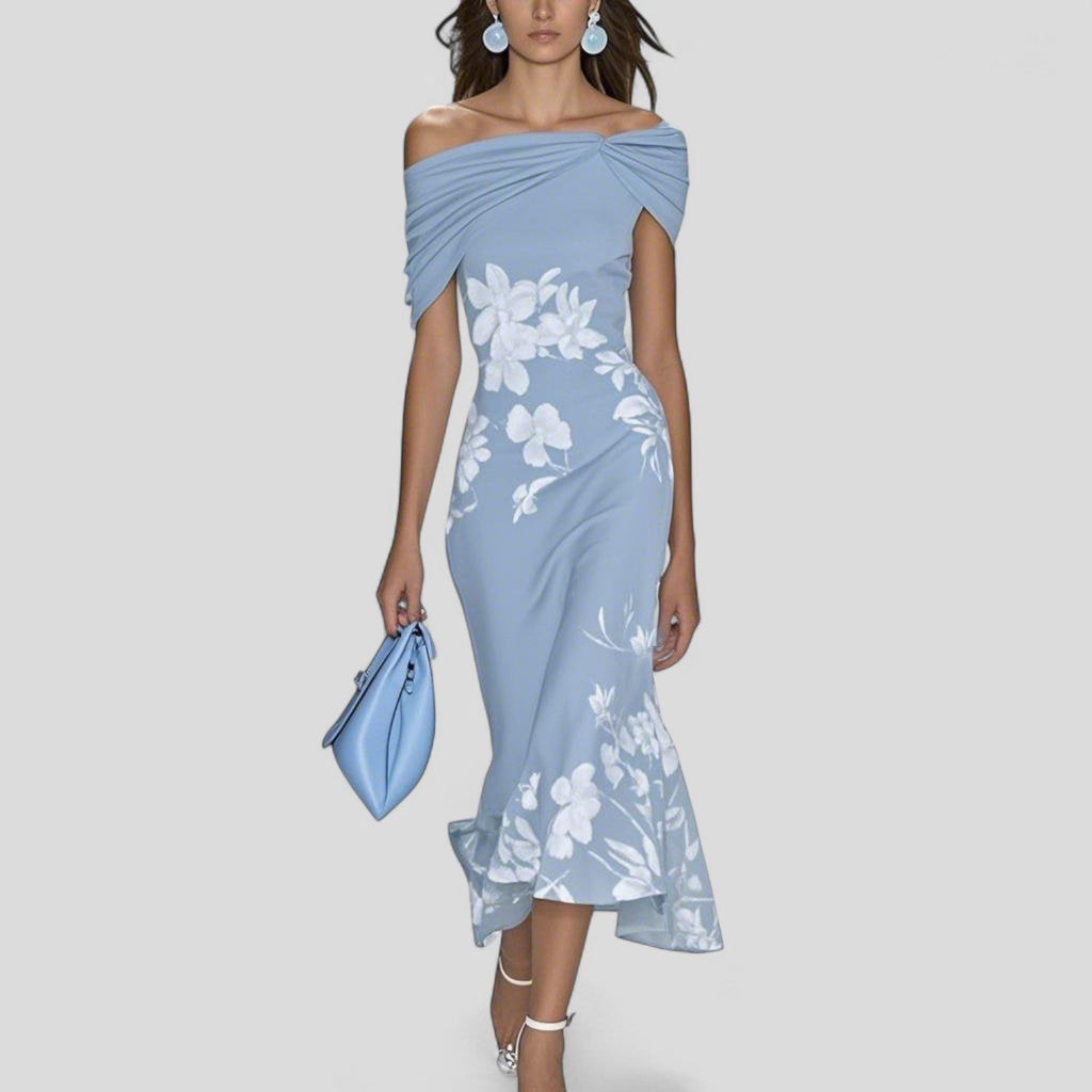 Women's Floral Off-Shoulder Bodycon Midi Dress with Trumpet Hem — back view