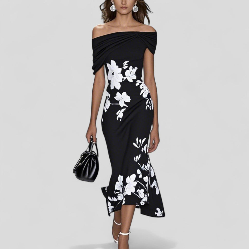 Women's Floral Off-Shoulder Bodycon Midi Dress with Trumpet Hem — side view