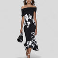 Women's Floral Off-Shoulder Bodycon Midi Dress with Trumpet Hem — side view