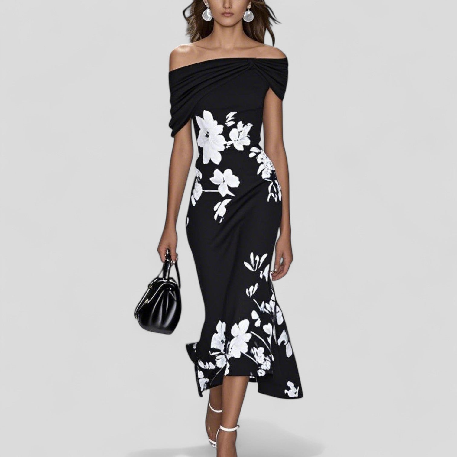 Women's Floral Off-Shoulder Bodycon Midi Dress with Trumpet Hem — side view