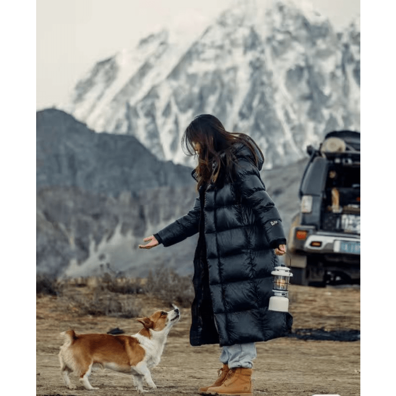 Women's Goose Down Puffer Jacket with Hood Long Black Quilted Winter Coat Water-Resistant - Image 1