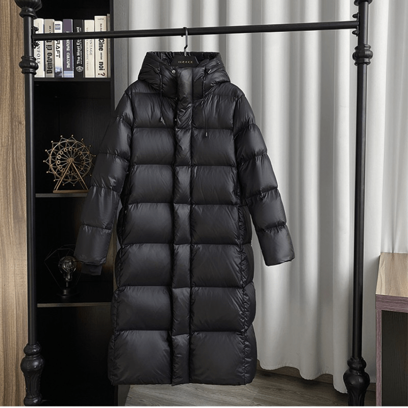 Women's Goose Down Puffer Jacket with Hood Long Black Quilted Winter Coat Water-Resistant - Image 2