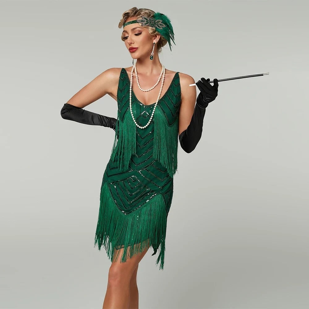 Women's Halloween Flapper Dress Sequin Mini with 1920s Fringe and V-Neckline Costume Inspired - Image 1