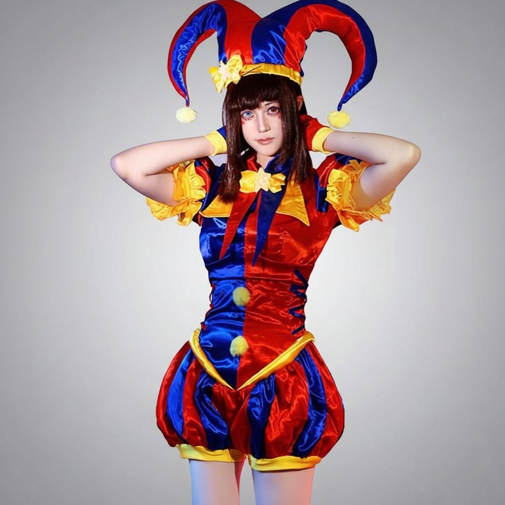 Women's Halloween Jester Costume with Hat Gloves and Accessories Complete Party Outfit - Image 1