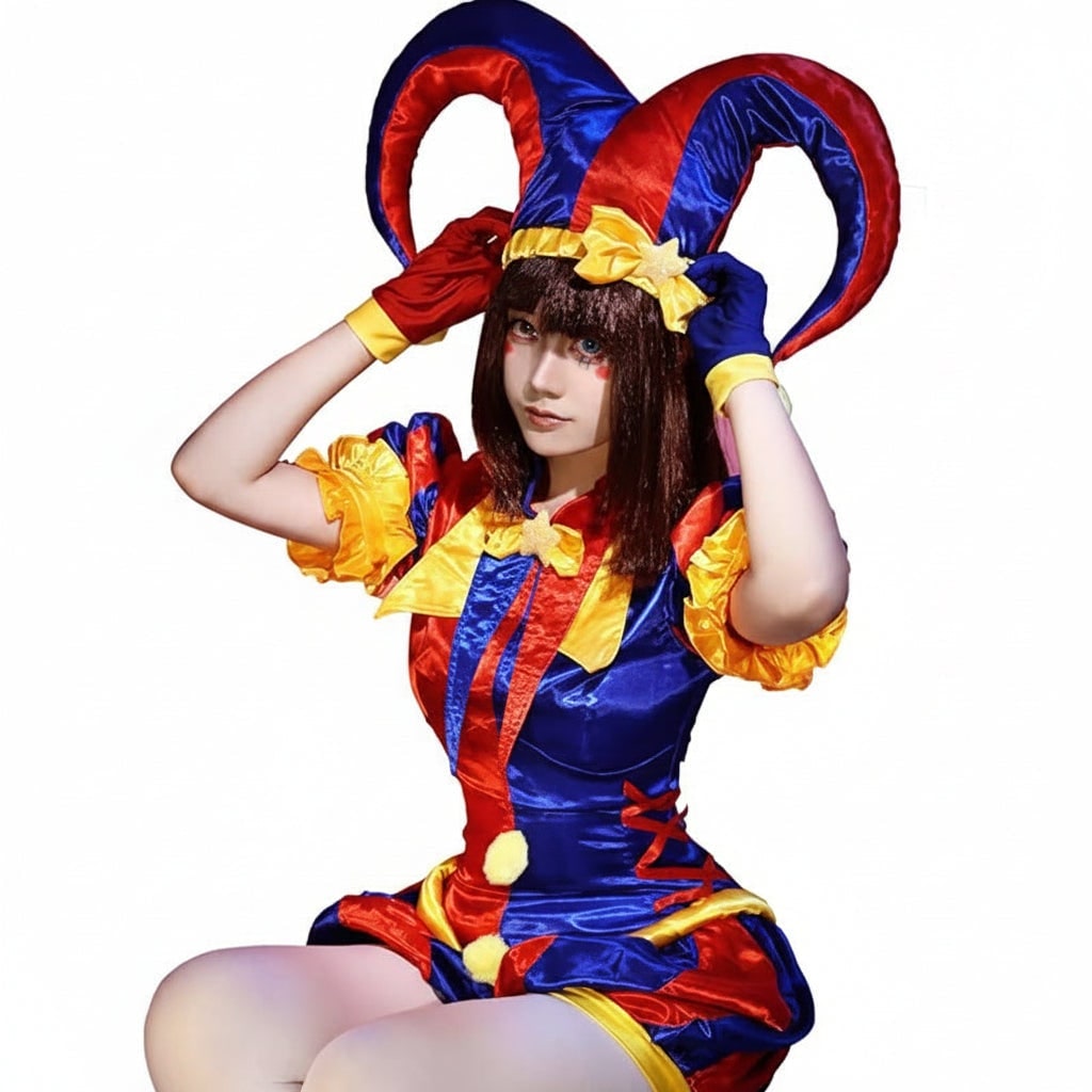 Women's Halloween Jester Costume with Hat Gloves and Accessories Complete Party Outfit - Image 3