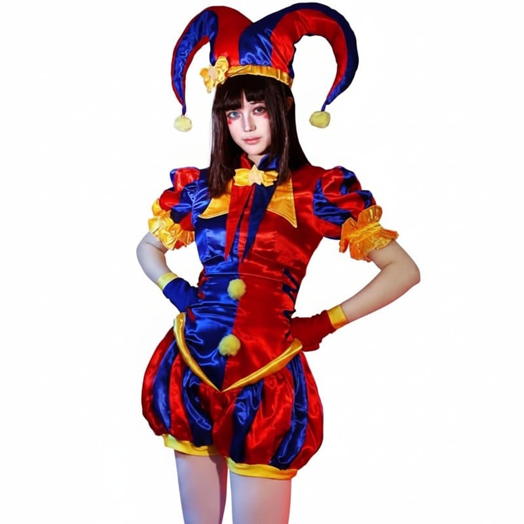 Women's Halloween Jester Costume with Hat Gloves and Accessories Complete Party Outfit - Image 4