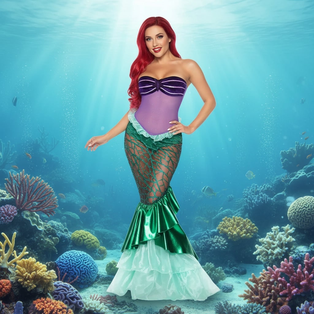 Women's Halloween Mermaid Costume Dress with Sequins and Strapless Sweetheart Neckline - Image 1