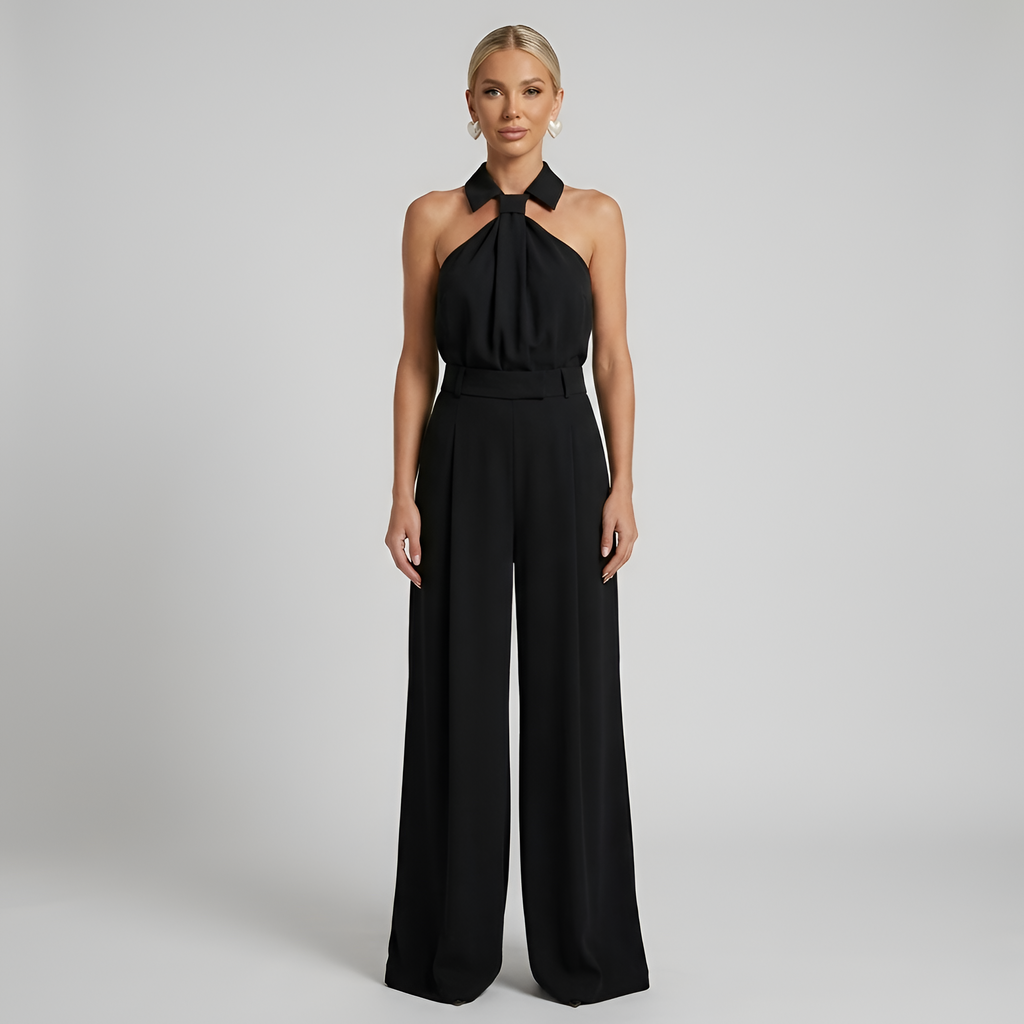 Women's Halter Neck Collared Twist Front Belted Wide Leg Jumpsuit — close-up