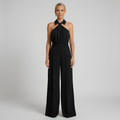 Women's Halter Neck Collared Twist Front Belted Wide Leg Jumpsuit — close-up