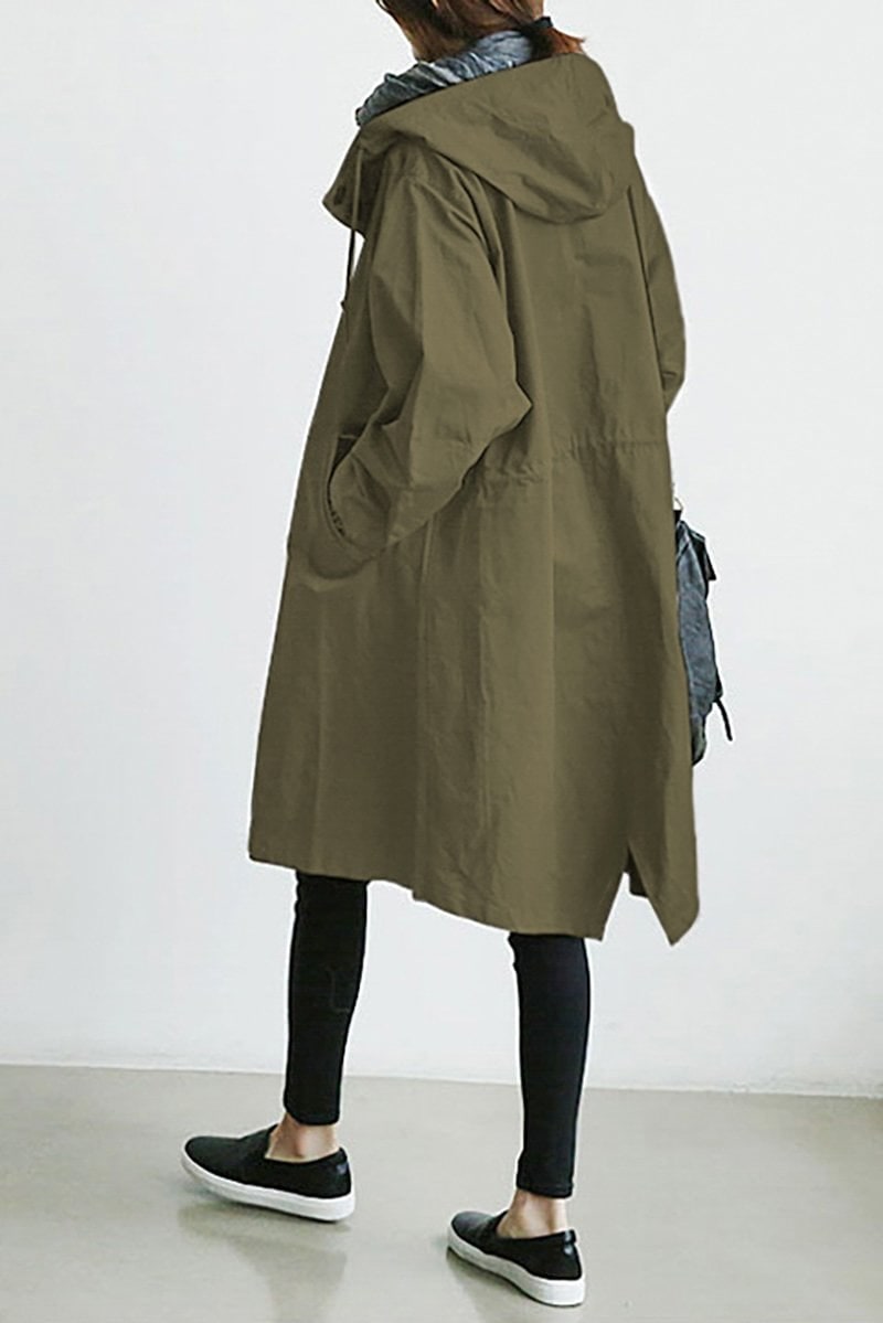 Women's Hooded Trench Coat with Drawstring Waist and Lightweight Woven Fabric - Image 1