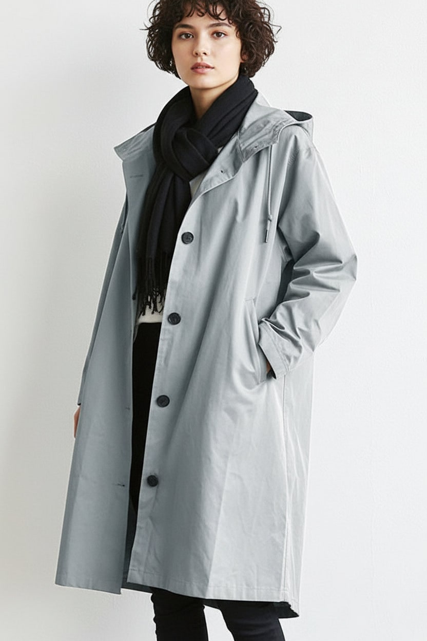 Women's Hooded Trench Coat with Drawstring Waist and Lightweight Woven Fabric - Image 3