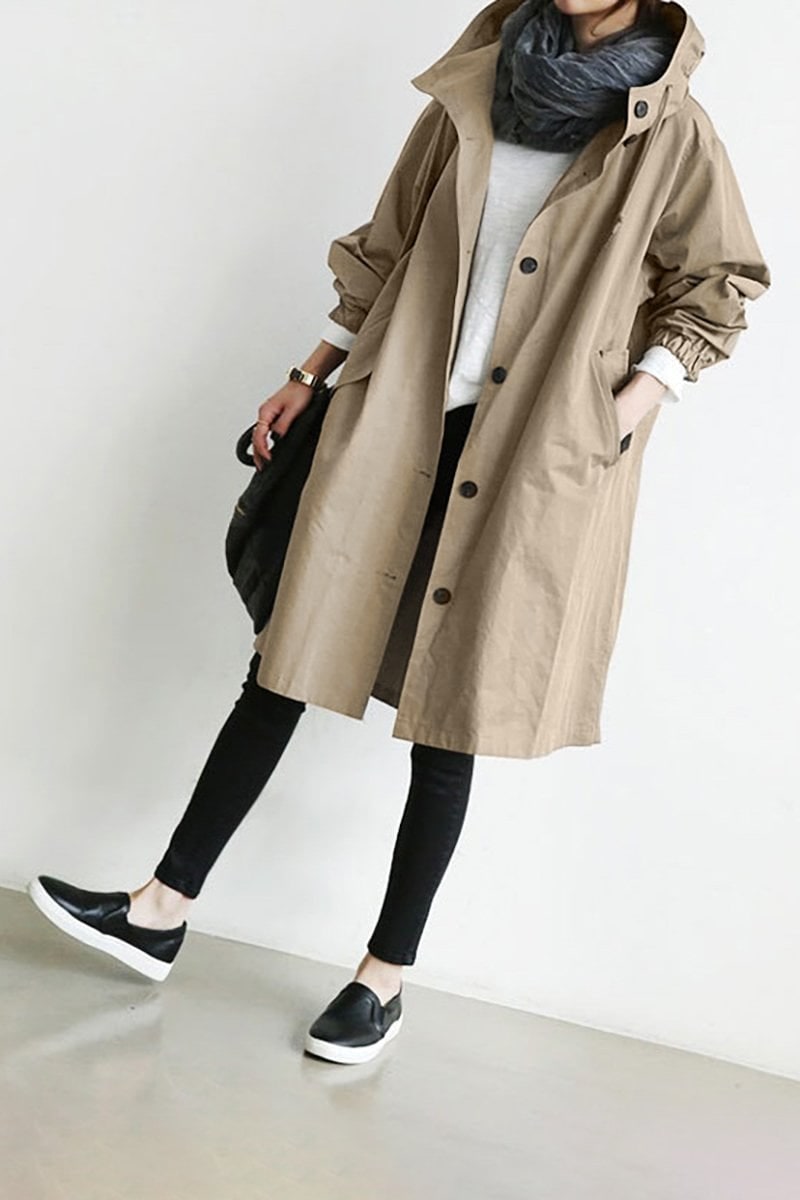 Women's Hooded Trench Coat with Drawstring Waist and Lightweight Woven Fabric - Image 7