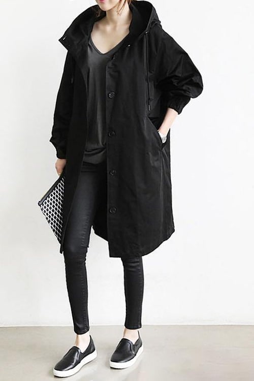 Women's Hooded Trench Coat with Drawstring Waist and Lightweight Woven Fabric - Image 8