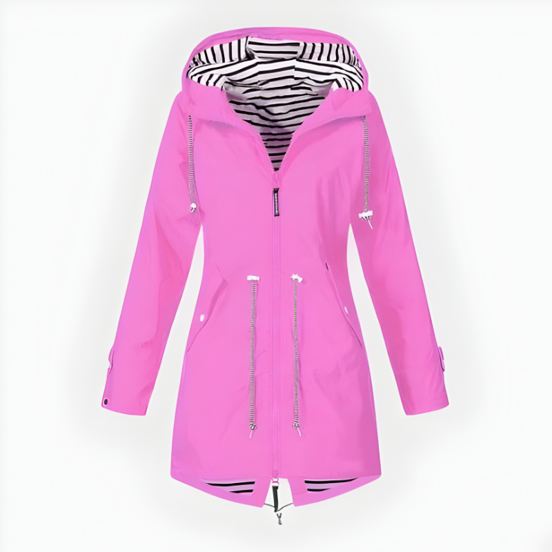 Women's Hooded Waterproof Rain Jacket with Drawstring Waist and Striped Lining - Image 1