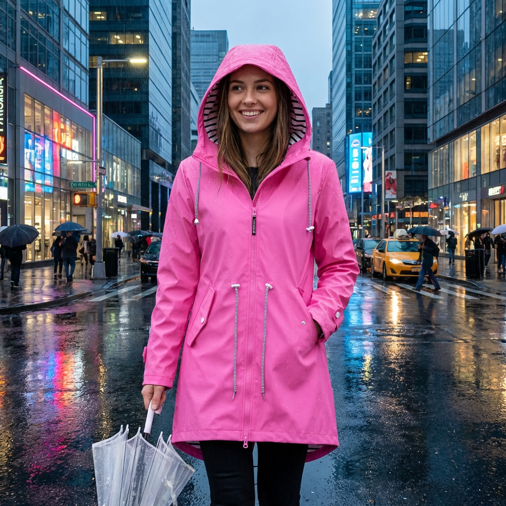 Women's Hooded Waterproof Rain Jacket with Drawstring Waist and Striped Lining - Image 2