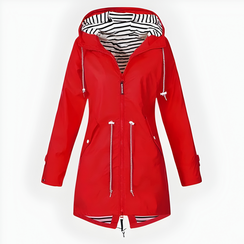 Women's Hooded Waterproof Rain Jacket with Drawstring Waist and Striped Lining - Image 3