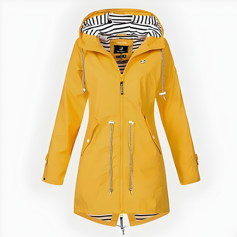 Women's Hooded Waterproof Rain Jacket with Drawstring Waist and Striped Lining - Image 4