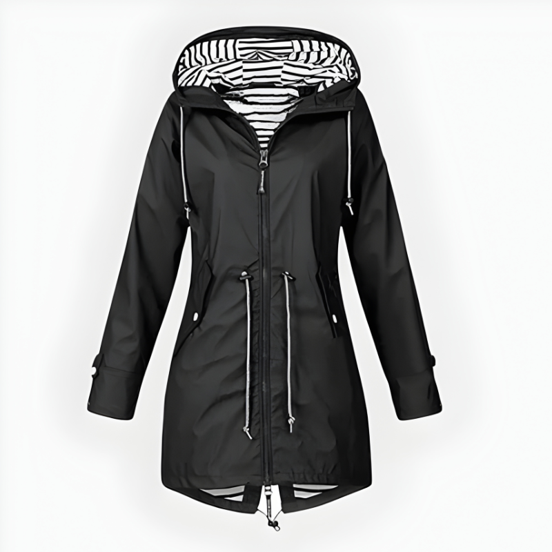 Women's Hooded Waterproof Rain Jacket with Drawstring Waist and Striped Lining - Image 7