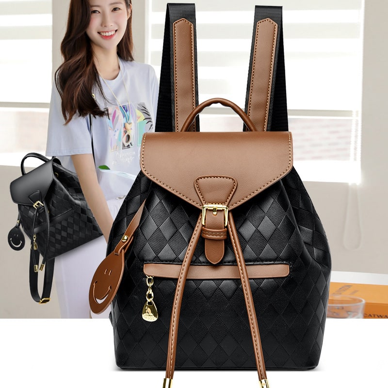 Women's Leather Backpack Purse Drawstring Closure and Diamond Quilted Travel Design - Image 2