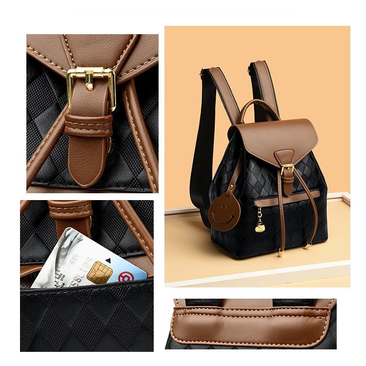 Women's Leather Backpack Purse Drawstring Closure and Diamond Quilted Travel Design - Image 4