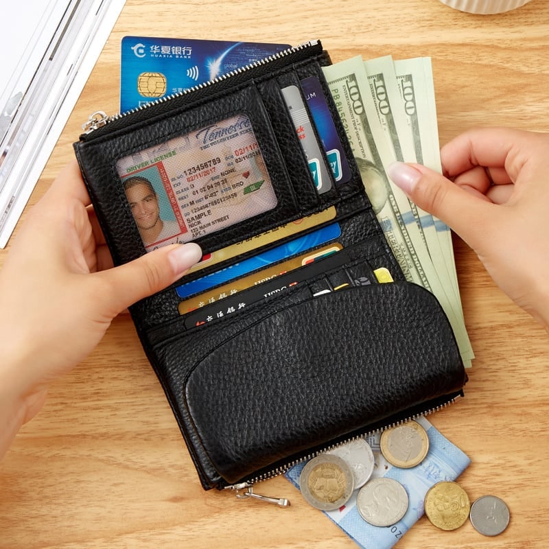 Women's Leather Bifold Wallet with Dual Zipper Pockets and Card Slots - Image 21