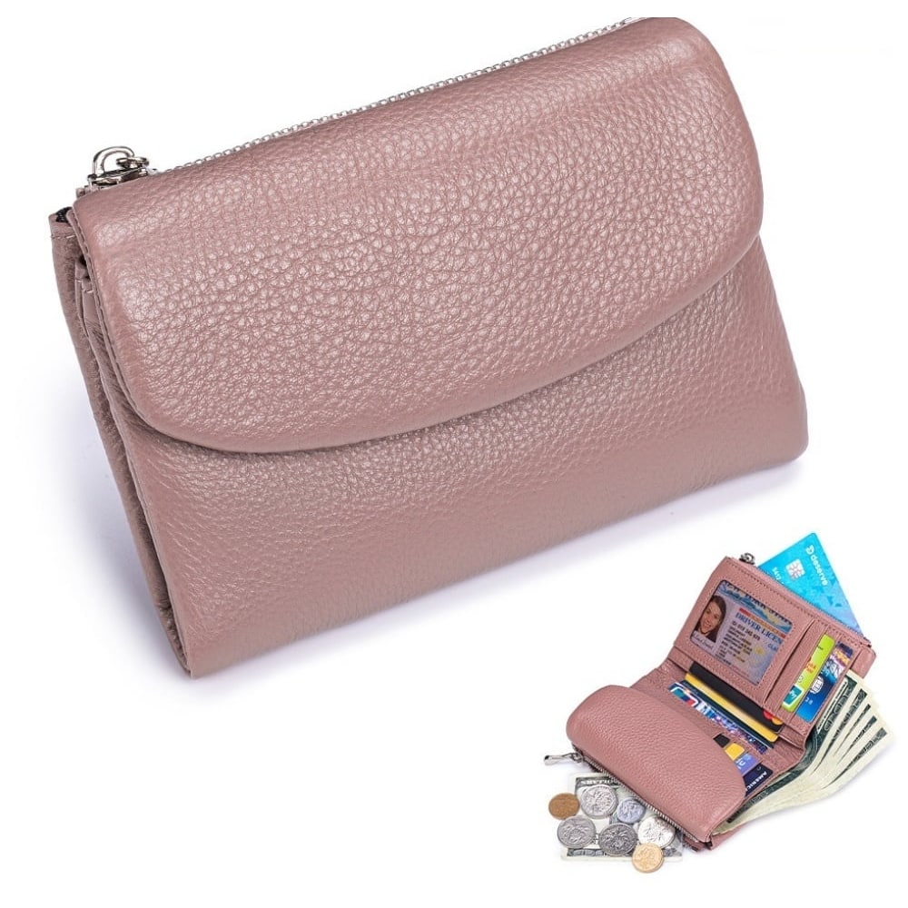 Women's Leather Bifold Wallet with Dual Zipper Pockets and Card Slots - Image 7