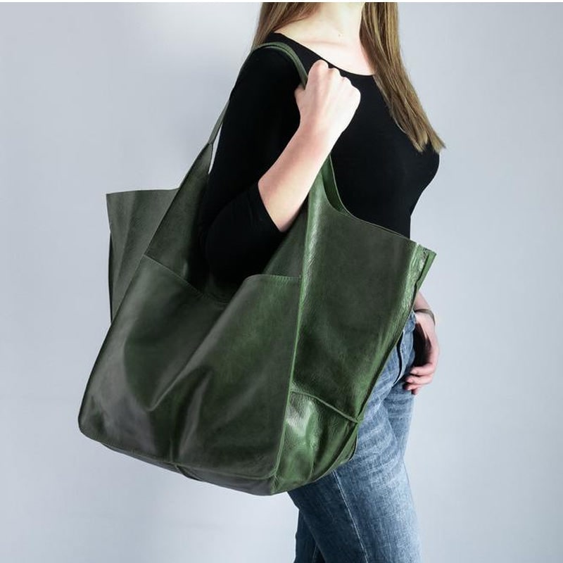 Women's Leather Tote Bag with Slouchy Hobo Design and Magnetic Snap Closure for Work - Image 2