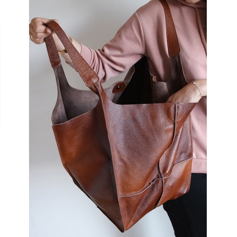 Women's Leather Tote Bag with Slouchy Hobo Design and Magnetic Snap Closure for Work - Image 3