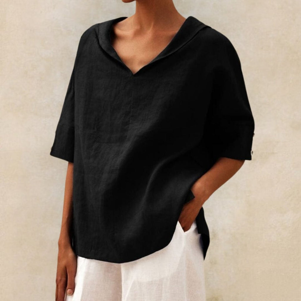 Womens Linen Top Blouse Textured Short Sleeve V Neck Relaxed Fit Fabric - Image 1