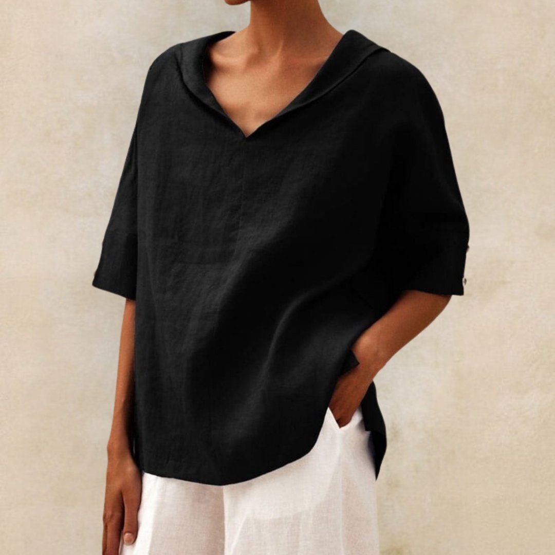 Womens Linen Top Blouse Textured Short Sleeve V Neck Relaxed Fit Fabric - Image 1
