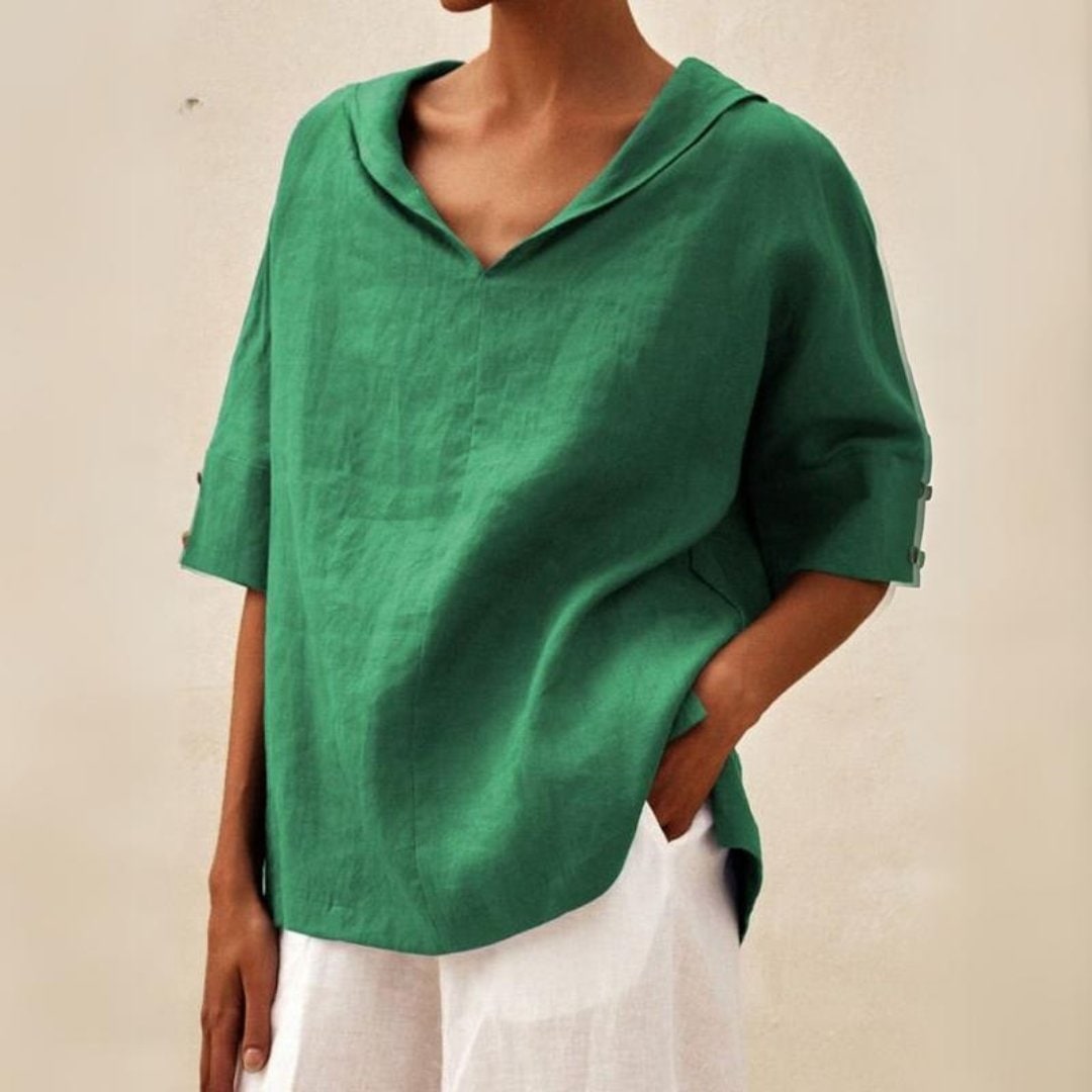 Womens Linen Top Blouse Textured Short Sleeve V Neck Relaxed Fit Fabric - Image 2