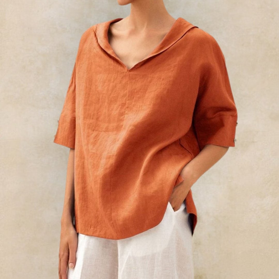 Womens Linen Top Blouse Textured Short Sleeve V Neck Relaxed Fit Fabric - Image 3