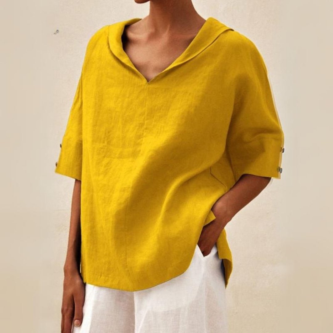 Womens Linen Top Blouse Textured Short Sleeve V Neck Relaxed Fit Fabric - Image 4