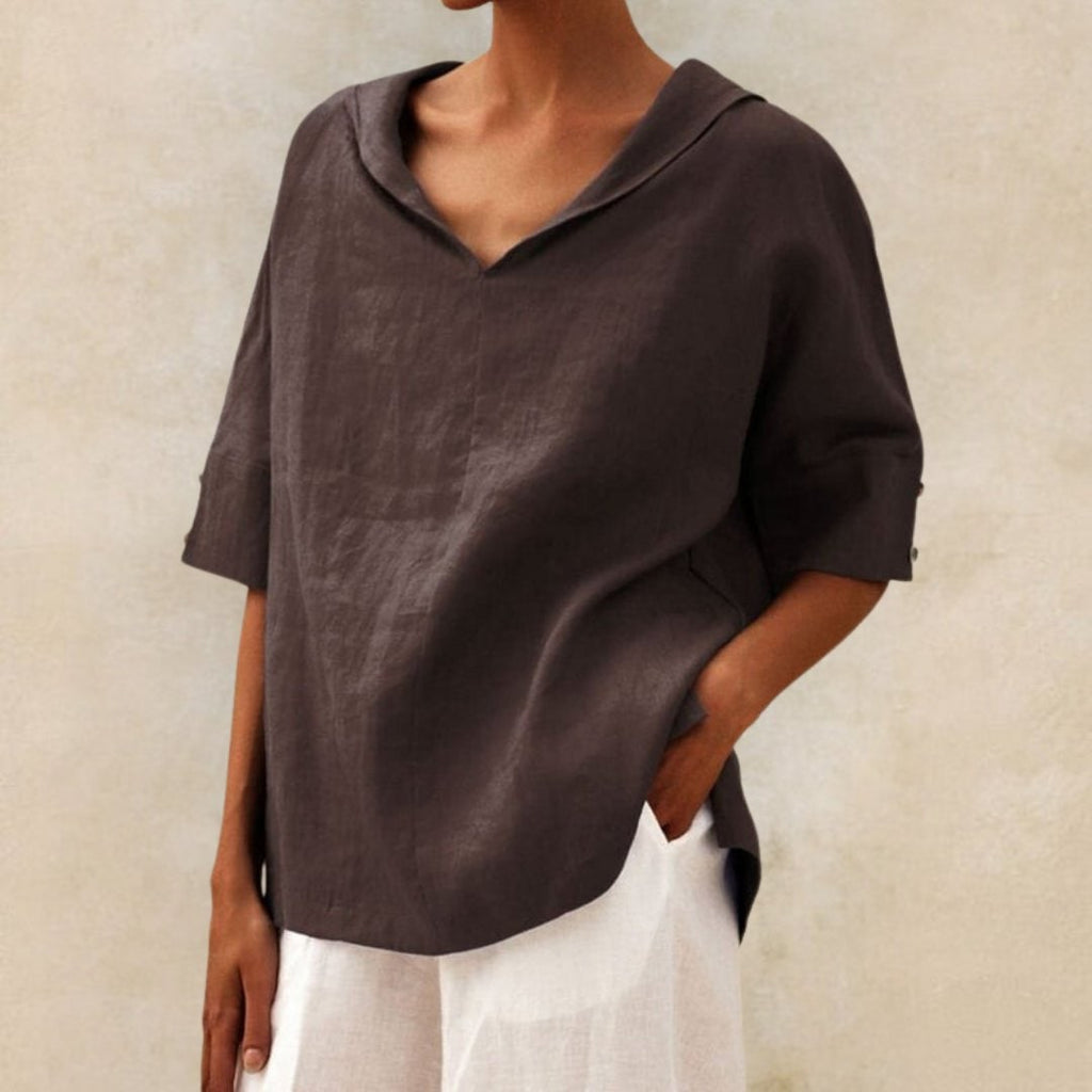 Womens Linen Top Blouse Textured Short Sleeve V Neck Relaxed Fit Fabric - Image 5