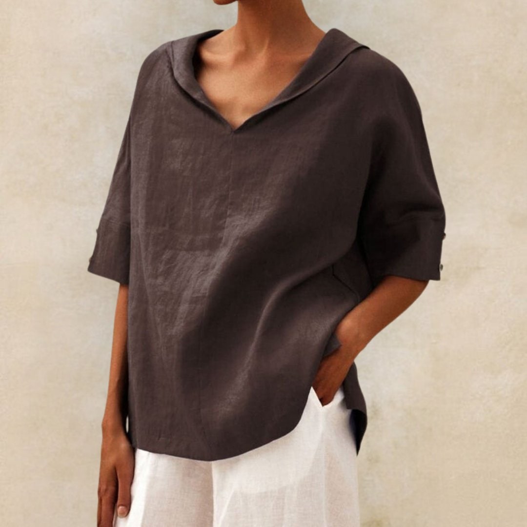 Womens Linen Top Blouse Textured Short Sleeve V Neck Relaxed Fit Fabric - Image 5