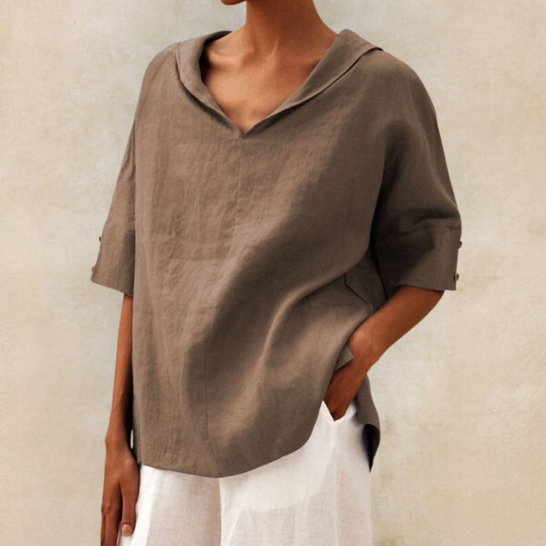 Womens Linen Top Blouse Textured Short Sleeve V Neck Relaxed Fit Fabric - Image 6