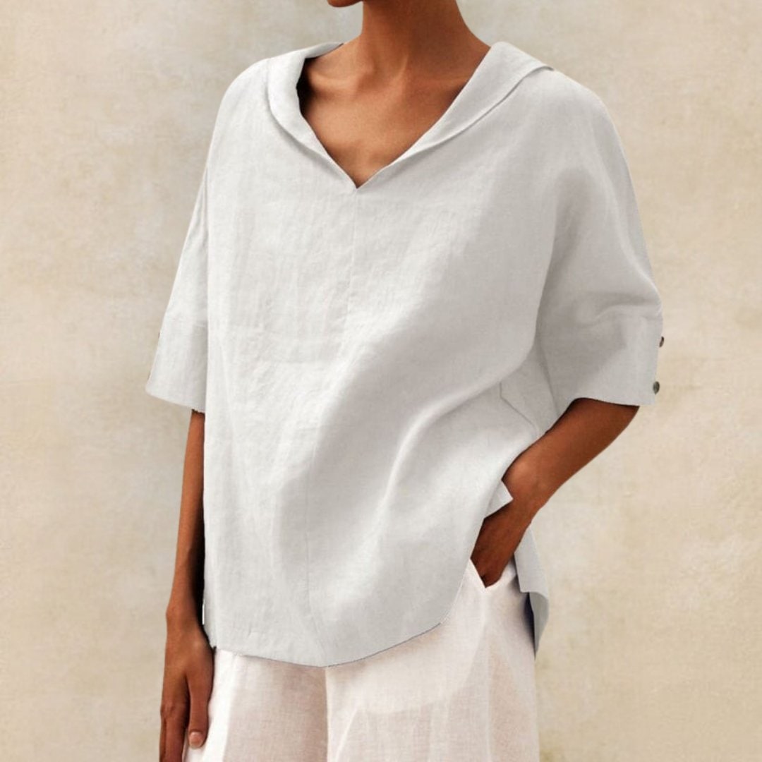 Womens Linen Top Blouse Textured Short Sleeve V Neck Relaxed Fit Fabric - Image 7