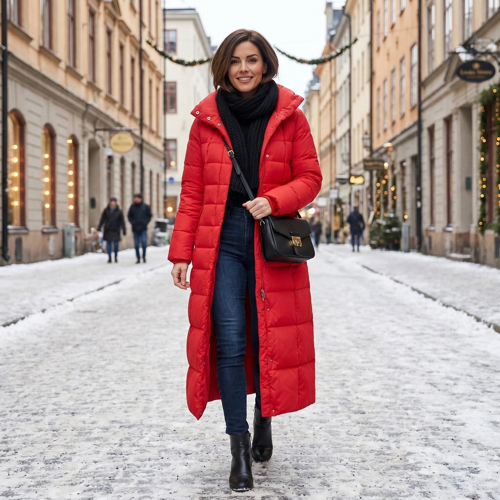 Women's Long Puffer Coat with Quilted Design and Faux Fur Hood - Image 2