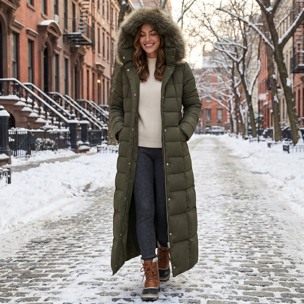 Women's Long Puffer Coat with Quilted Design and Faux Fur Hood - Image 3