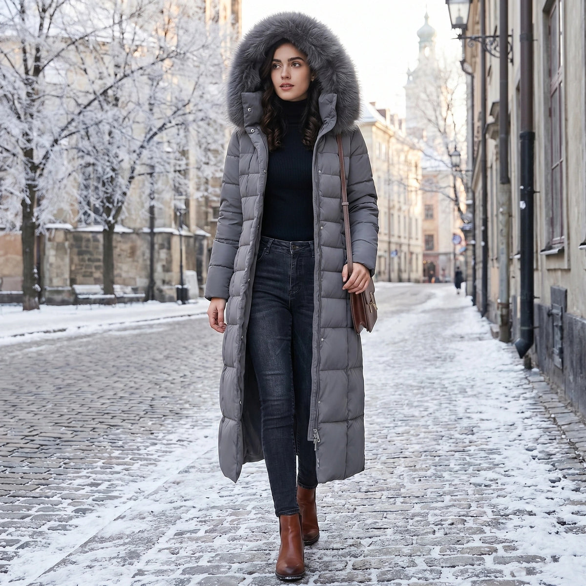 Women's Long Puffer Coat with Quilted Design and Faux Fur Hood - Image 4